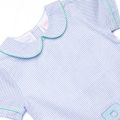 Alphabet Adventures Applique Collared Short Set, Blue Seersucker