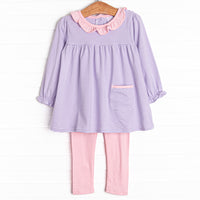  The set features soft knit material, sweet purple stripes, and coordinating light pink leggings to match. 