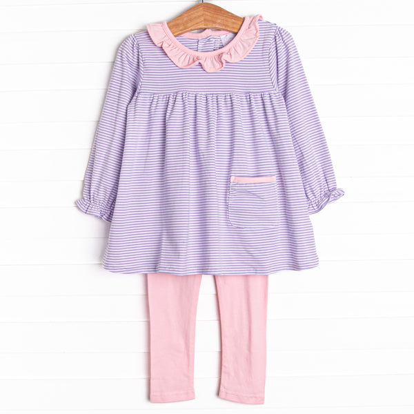  The set features soft knit material, sweet purple stripes, and coordinating light pink leggings to match. 