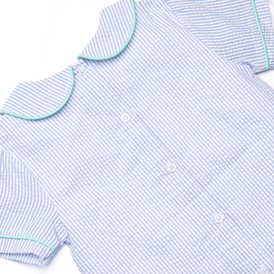Alphabet Adventures Applique Collared Short Set, Blue Seersucker