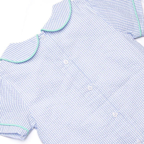 Alphabet Adventures Applique Collared Short Set, Blue Seersucker