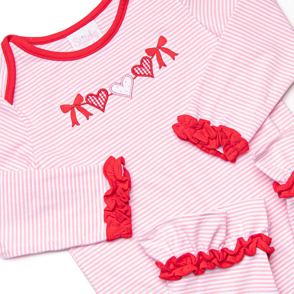 Heart Strings Applique Ruffle Romper, Pink Stripe