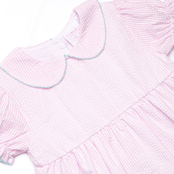 Alphabet Adventures Applique Scalloped Dress, Pink Seersucker
