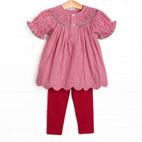 Holiday Wreath Trio Smocked Legging Set, Red