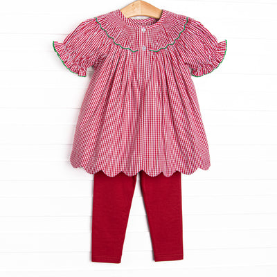 Holiday Wreath Trio Smocked Legging Set, Red