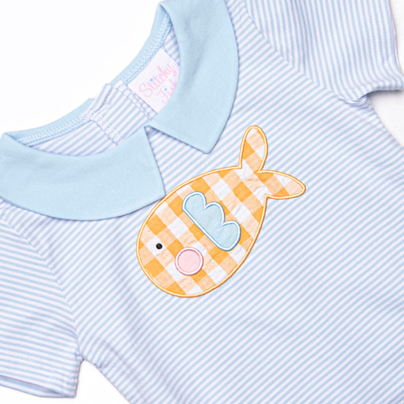 Go Fish Applique Short Romper, Blue Stripe