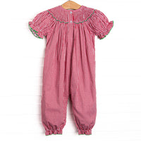 Holiday Wreath Trio Smocked Romper, Red