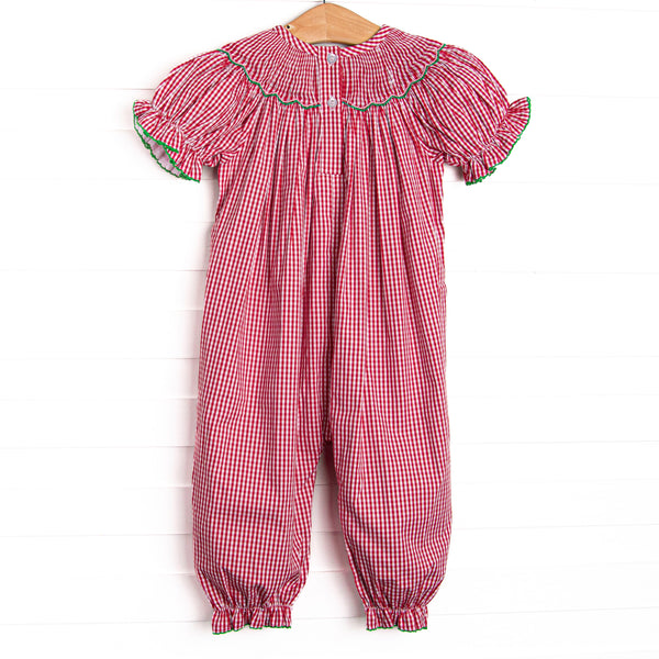 Holiday Wreath Trio Smocked Romper, Red
