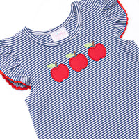A+ Apples Applique Flutter Sleeve Dress, Navy Stripe