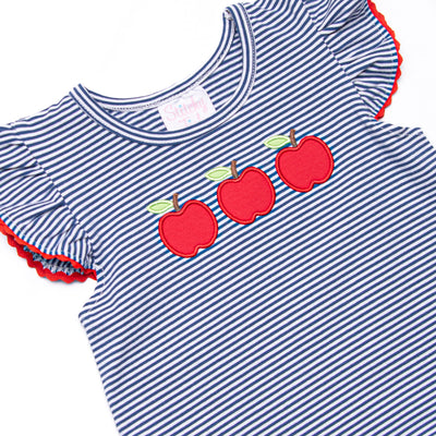A+ Apples Applique Flutter Sleeve Dress, Navy Stripe