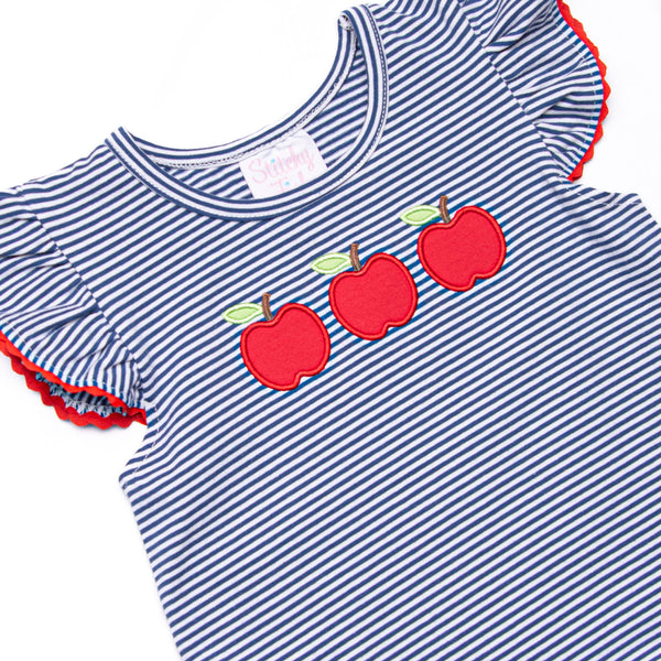 A+ Apples Applique Flutter Sleeve Dress, Navy Stripe