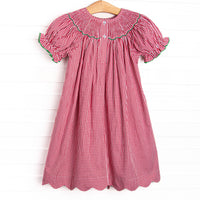 Holiday Wreath Trio Smocked Bishop Dress, Red