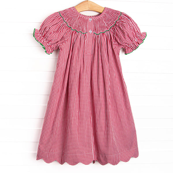 Holiday Wreath Trio Smocked Bishop Dress, Red