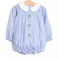  This bubble features a blue gingham print, a peter pan collar, and Christmas Tree embroidery. 
