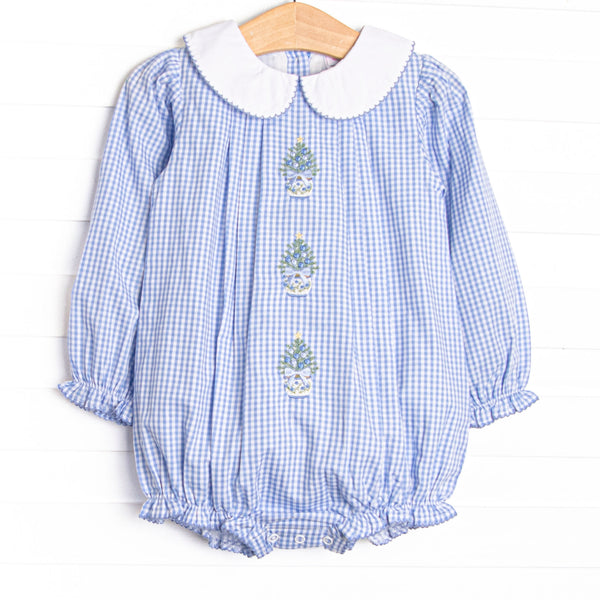  This bubble features a blue gingham print, a peter pan collar, and Christmas Tree embroidery. 