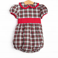 This bubble features a red plaid print, puff sleeves, and red sash.
