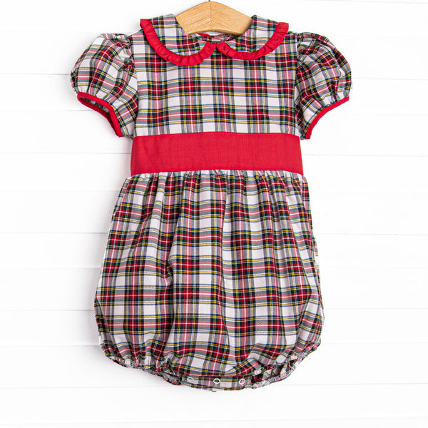 This bubble features a red plaid print, puff sleeves, and red sash.