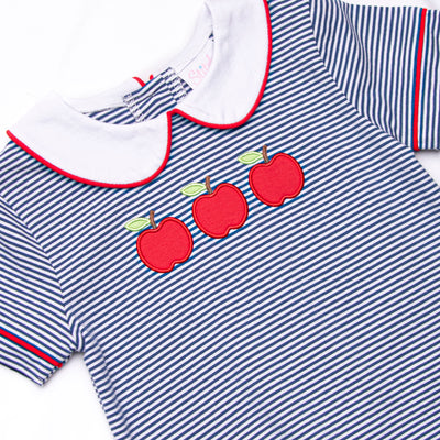 A+ Apples Applique Collared Diaper Set, Navy Stripe
