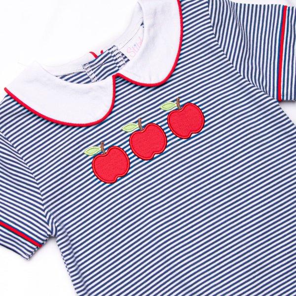 A+ Apples Applique Collared Diaper Set, Navy Stripe
