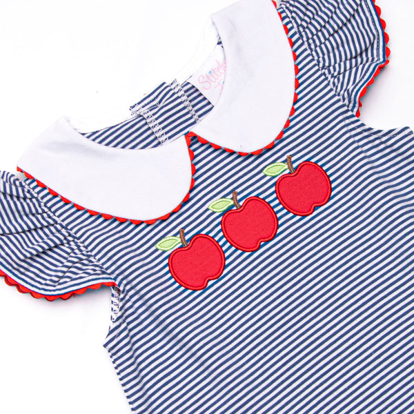 A+ Apples Applique Flutter Sleeve Bubble, Navy Stripe