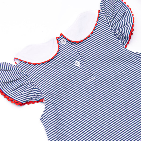 A+ Apples Applique Flutter Sleeve Bubble, Navy Stripe