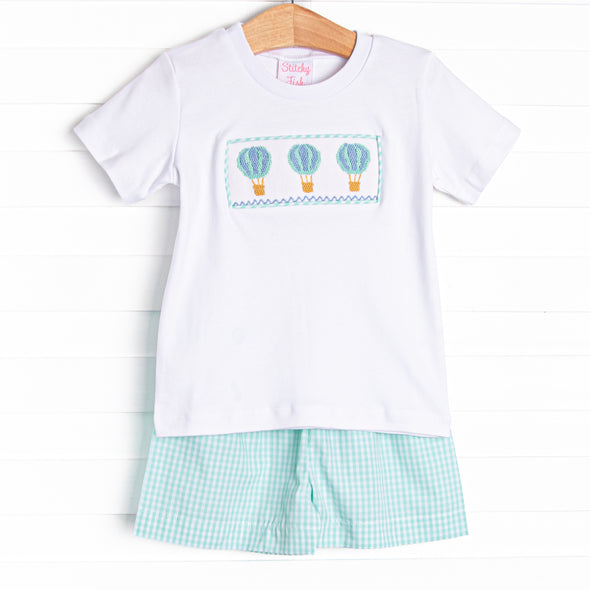 Blue Sky Balloons Smocked Short Set, Green