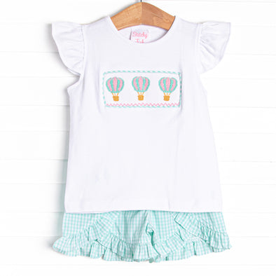 Blue Sky Balloons Smocked Ruffle Short Set, Green