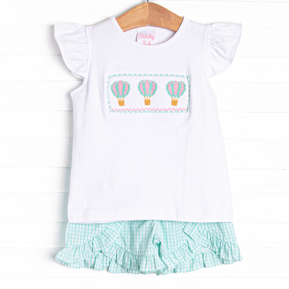 Blue Sky Balloons Smocked Ruffle Short Set, Green