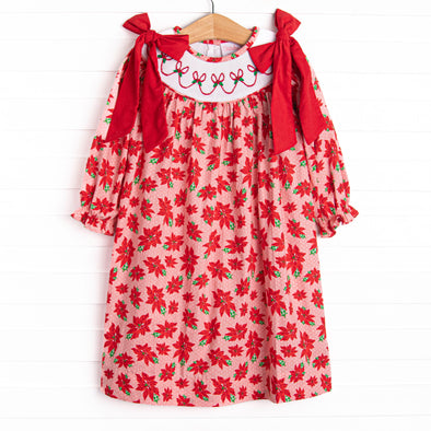 Poinsettia Promise Smocked Bishop Dress, Red