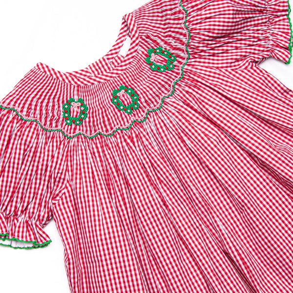 Holiday Wreath Trio Smocked Romper, Red