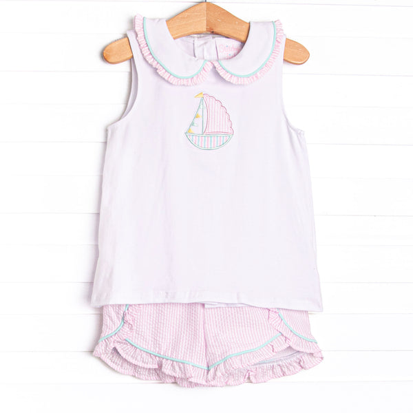 Seersucker Sails Collared Applique Short Set, Pink
