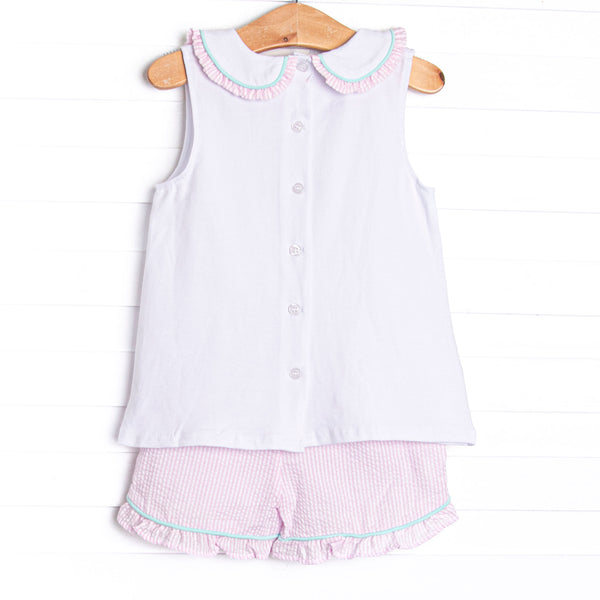 Seersucker Sails Collared Applique Short Set, Pink