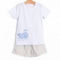  This set features a short sleeve top with a whale applique and rainbow striped shorts to match. 