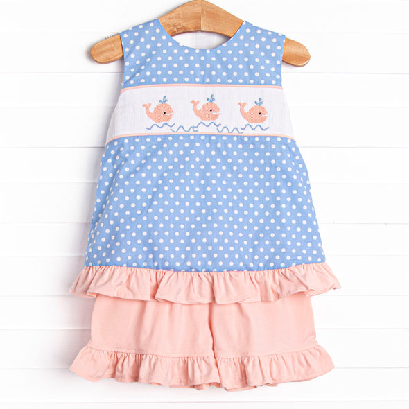 Blue Whale Waters Smocked Ruffle Short Set, Blue