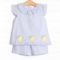 Sorrento Stripes Applique Ruffle Short Set, Blue Seersucker