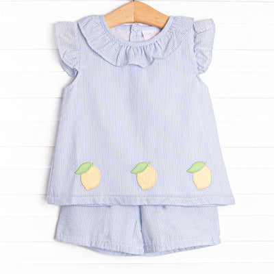 Sorrento Stripes Applique Ruffle Short Set, Blue Seersucker