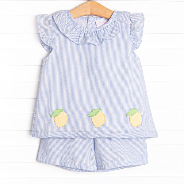 Sorrento Stripes Applique Ruffle Short Set, Blue Seersucker