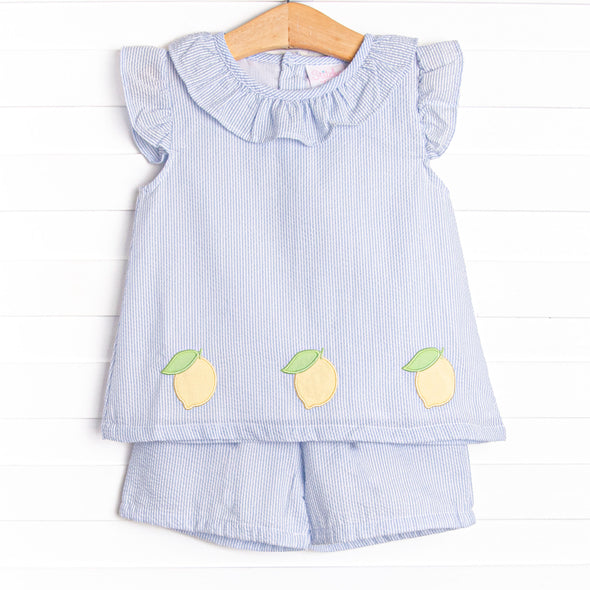 Sorrento Stripes Applique Ruffle Short Set, Blue Seersucker