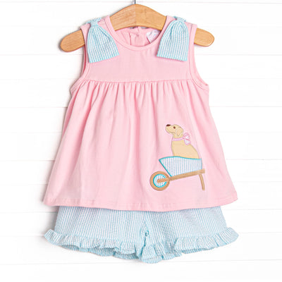 Wheelbarrow Wags Applique Ruffle Short Set, Pink