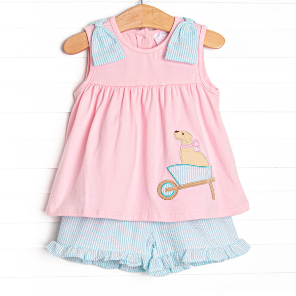 Wheelbarrow Wags Applique Ruffle Short Set, Pink