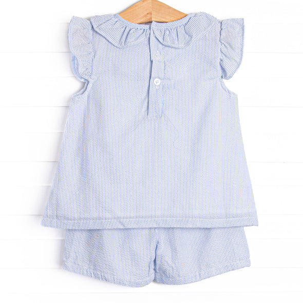 Sorrento Stripes Applique Ruffle Short Set, Blue Seersucker