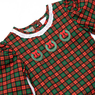 Holiday Wreath Trio Embroidered Dress, Red