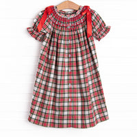 Christmas Card Classic Smocked Bishop Dress, Red