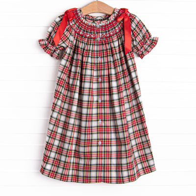 Christmas Card Classic Smocked Bishop Dress, Red
