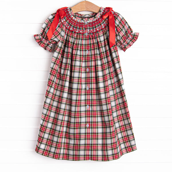 Christmas Card Classic Smocked Bishop Dress, Red