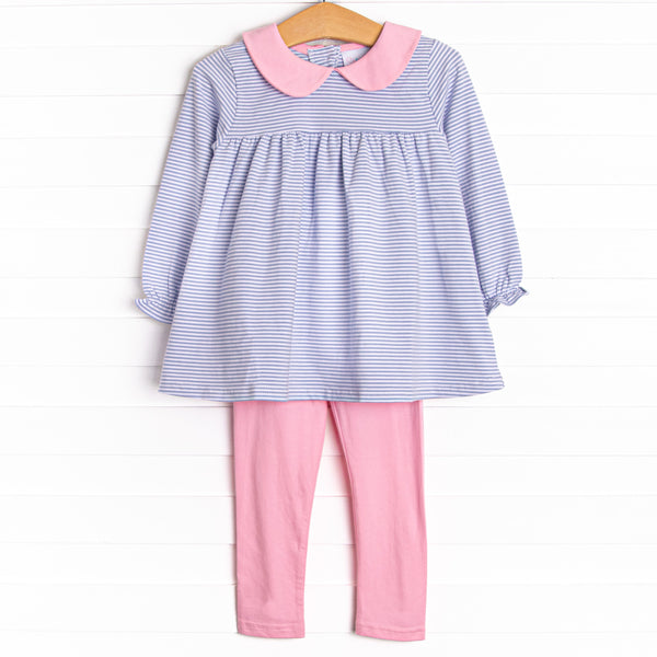  This set featuresperiwinkle stripes, a pink peter pan collar, and matching pink leggings. 