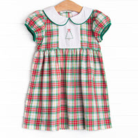 This dress features green plaid, puff sleeves, and a Christmas Tree embroidery.