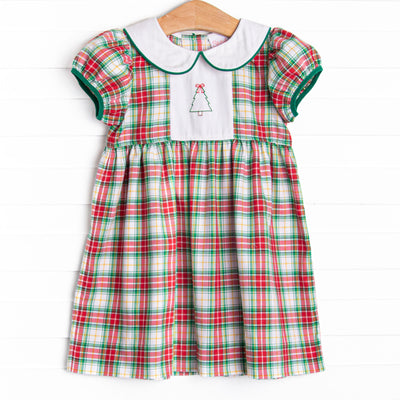 This dress features green plaid, puff sleeves, and a Christmas Tree embroidery.