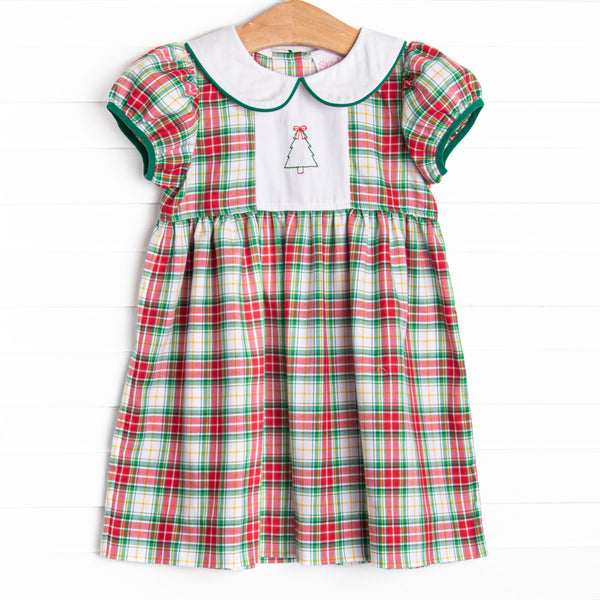 This dress features green plaid, puff sleeves, and a Christmas Tree embroidery.