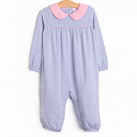 Your little one will look adorable in this periwinkle striped romper with contrasting pink Peter Pan Collar.